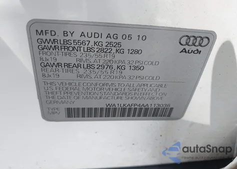 2010 Audi Q5 3.2 Premium z USA, uszkodzony, nr VIN WA1LKAFP4AA113036